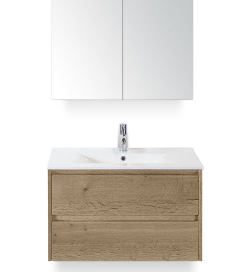 Badmeubelset 80 cm breed - bestaande uit: wastafelkast 2 laden, keramische wastafel Enjoy met kraangat en spiegelkast