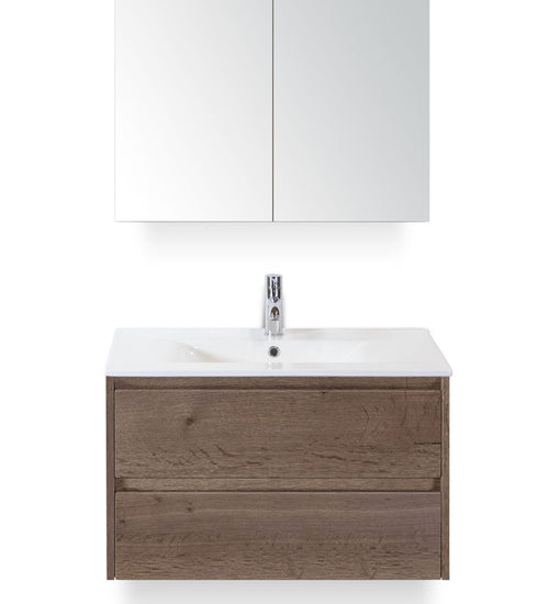 Badmeubelset 80 cm breed - bestaande uit: wastafelkast 2 laden, keramische wastafel Enjoy met kraangat en spiegelkast