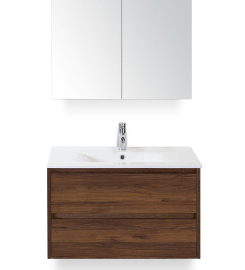 Badmeubelset 80 cm breed - bestaande uit: wastafelkast 2 laden, keramische wastafel Enjoy met kraangat en spiegelkast