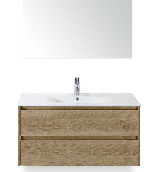 Badmeubelset 100 cm breed - bestaande uit: wastafelkast 2 laden, keramische wastafel Enjoy met één kraangat en luxe spiegel
