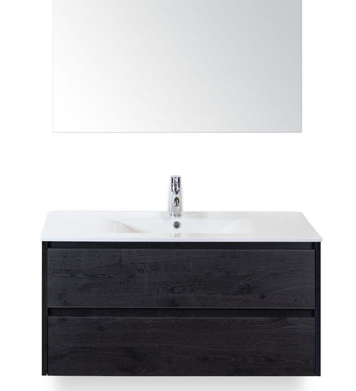 Badmeubelset 100 cm breed - bestaande uit: wastafelkast 2 laden, keramische wastafel Enjoy met één kraangat en luxe spiegel