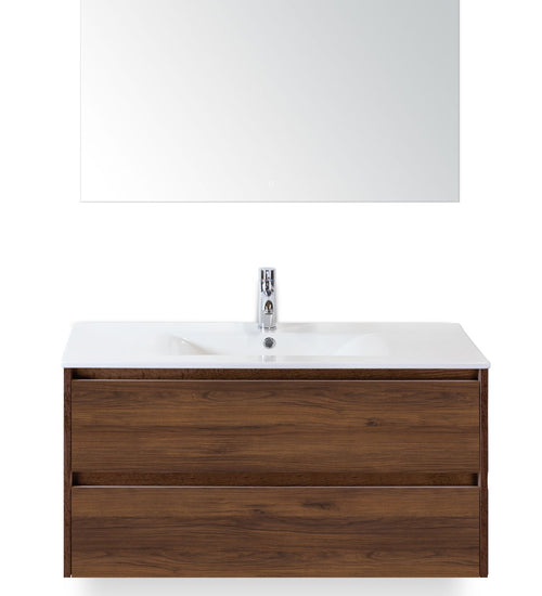 Badmeubelset 100 cm breed - bestaande uit: wastafelkast 2 laden, keramische wastafel Enjoy met één kraangat en luxe spiegel