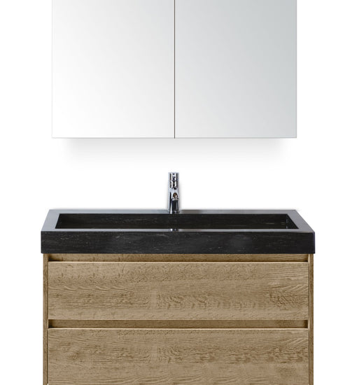 Badmeubelset 100 cm breed - bestaande uit: wastafelkast 2 laden, hardstenen wastafel Lucca met één kraangat en spiegelkast