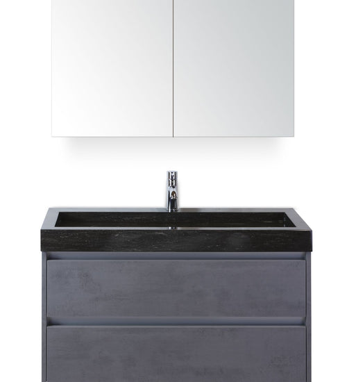 Badmeubelset 100 cm breed - bestaande uit: wastafelkast 2 laden, hardstenen wastafel Lucca met één kraangat en spiegelkast