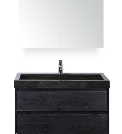 Badmeubelset 100 cm breed - bestaande uit: wastafelkast 2 laden, hardstenen wastafel Lucca met één kraangat en spiegelkast
