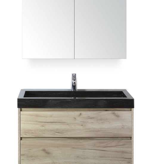 Badmeubelset 100 cm breed - bestaande uit: wastafelkast 2 laden, hardstenen wastafel Lucca met één kraangat en spiegelkast