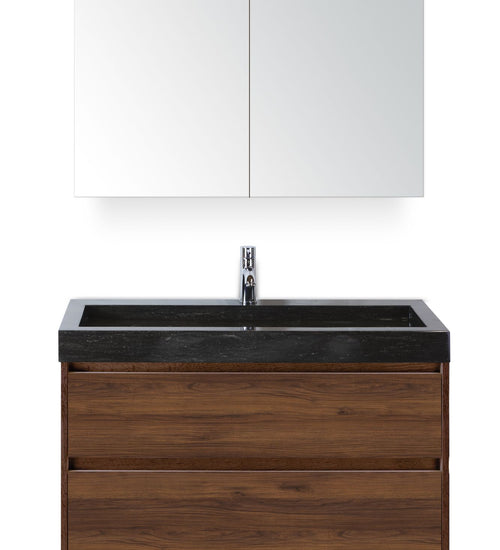 Badmeubelset 100 cm breed - bestaande uit: wastafelkast 2 laden, hardstenen wastafel Lucca met één kraangat en spiegelkast