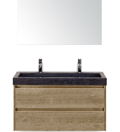 Badmeubelset 100 cm breed - bestaande uit: wastafelkast 2 laden, hardstenen wastafel Lucca met twee kraangaten en luxe spiegel