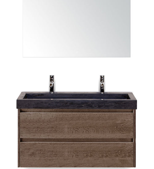 Badmeubelset 100 cm breed - bestaande uit: wastafelkast 2 laden, hardstenen wastafel Lucca met twee kraangaten en luxe spiegel