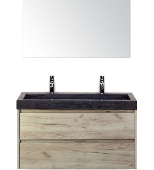 Badmeubelset 100 cm breed - bestaande uit: wastafelkast 2 laden, hardstenen wastafel Lucca met twee kraangaten en luxe spiegel