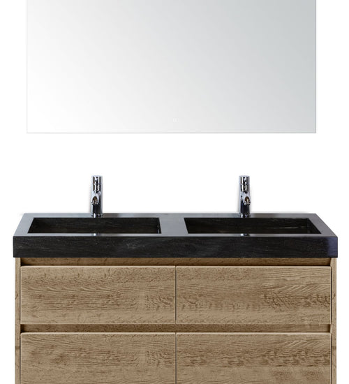 Badmeubelset 120 cm breed - bestaande uit: wastafelkast 4 laden, dubbele hardstenen wastafel Lucca met kraangaten en luxe spiegel
