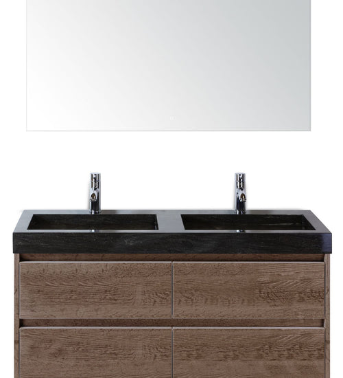 Badmeubelset 120 cm breed - bestaande uit: wastafelkast 4 laden, dubbele hardstenen wastafel Lucca met kraangaten en luxe spiegel