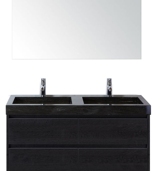 Badmeubelset 120 cm breed - bestaande uit: wastafelkast 4 laden, dubbele hardstenen wastafel Lucca met kraangaten en luxe spiegel