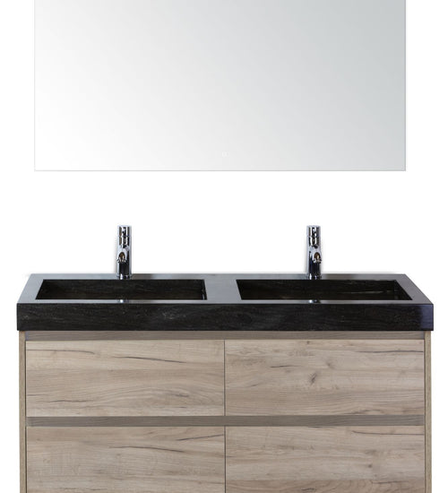 Badmeubelset 120 cm breed - bestaande uit: wastafelkast 4 laden, dubbele hardstenen wastafel Lucca met kraangaten en luxe spiegel