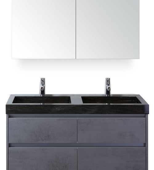Badmeubelset 120 cm breed - bestaande uit: wastafelkast 4 laden, dubbele hardstenen wastafel Lucca met kraangaten en spiegelkast