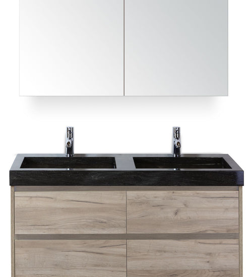 Badmeubelset 120 cm breed - bestaande uit: wastafelkast 4 laden, dubbele hardstenen wastafel Lucca met kraangaten en spiegelkast
