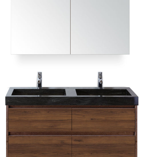 Badmeubelset 120 cm breed - bestaande uit: wastafelkast 4 laden, dubbele hardstenen wastafel Lucca met kraangaten en spiegelkast