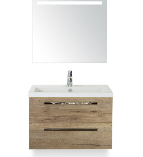 Badmeubelset 80 cm breed - bestaande uit: wastafelkast 2 laden, keramische wastafel Djazz en spiegel met één horizontale verlichtingsbalk (LED)