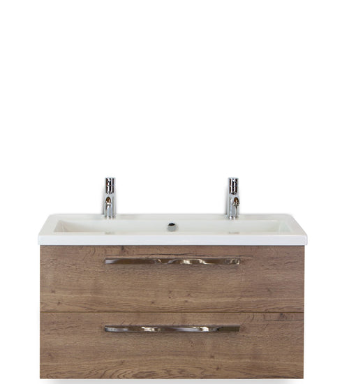 Badmeubelset 100 cm breed - bestaande uit: wastafelkast 2 laden en keramische wastafel Djazz met 2 kraangaten