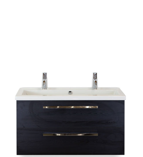 Badmeubelset 100 cm breed - bestaande uit: wastafelkast 2 laden en keramische wastafel Djazz met 2 kraangaten