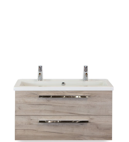 Badmeubelset 100 cm breed - bestaande uit: wastafelkast 2 laden en keramische wastafel Djazz met 2 kraangaten