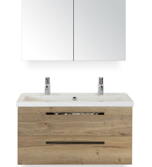 Badmeubelset 100 cm breed - bestaande uit: wastafelkast 2 laden, keramische wastafel Djazz met 2 kraangaten en spiegelkast