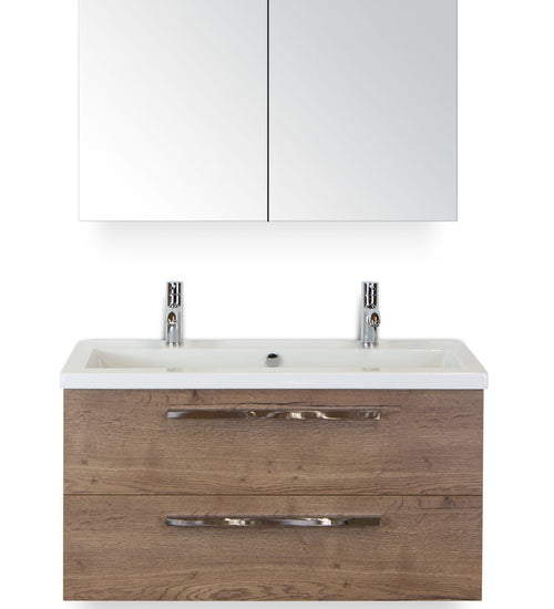 Badmeubelset 100 cm breed - bestaande uit: wastafelkast 2 laden, keramische wastafel Djazz met 2 kraangaten en spiegelkast