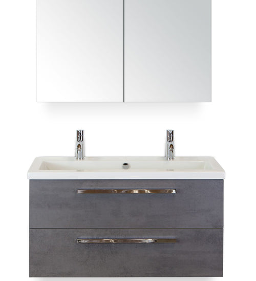 Badmeubelset 100 cm breed - bestaande uit: wastafelkast 2 laden, keramische wastafel Djazz met 2 kraangaten en spiegelkast