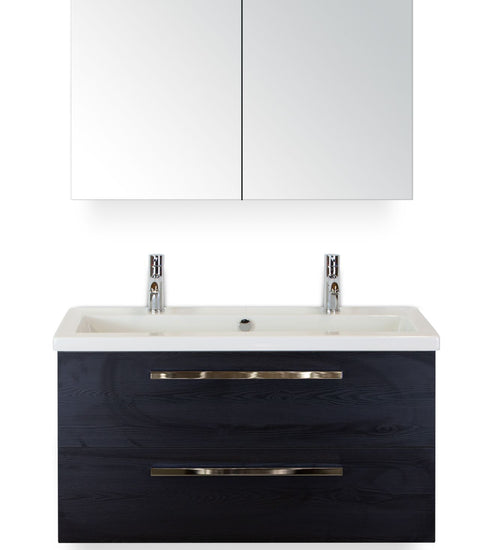 Badmeubelset 100 cm breed - bestaande uit: wastafelkast 2 laden, keramische wastafel Djazz met 2 kraangaten en spiegelkast