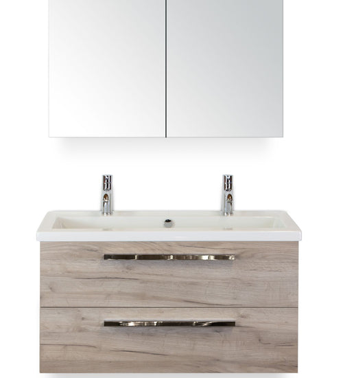 Badmeubelset 100 cm breed - bestaande uit: wastafelkast 2 laden, keramische wastafel Djazz met 2 kraangaten en spiegelkast
