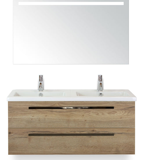 Badmeubelset 120 cm breed - bestaande uit: wastafelkast 2 laden, dubbele keramische wastafel Djazz en spiegel met één horizontale verlichtingsbalk (LED)