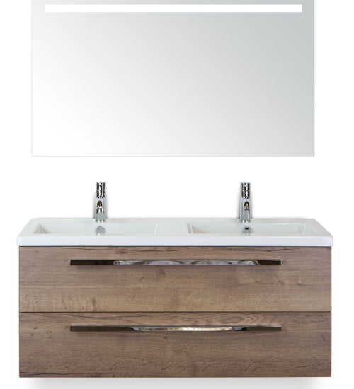 Badmeubelset 120 cm breed - bestaande uit: wastafelkast 2 laden, dubbele keramische wastafel Djazz en spiegel met één horizontale verlichtingsbalk (LED)