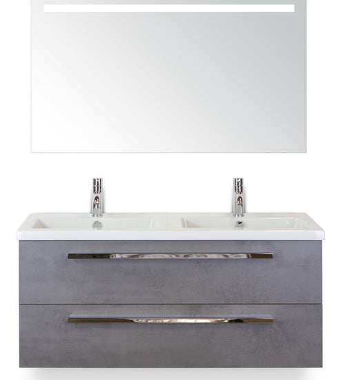Badmeubelset 120 cm breed - bestaande uit: wastafelkast 2 laden, dubbele keramische wastafel Djazz en spiegel met één horizontale verlichtingsbalk (LED)