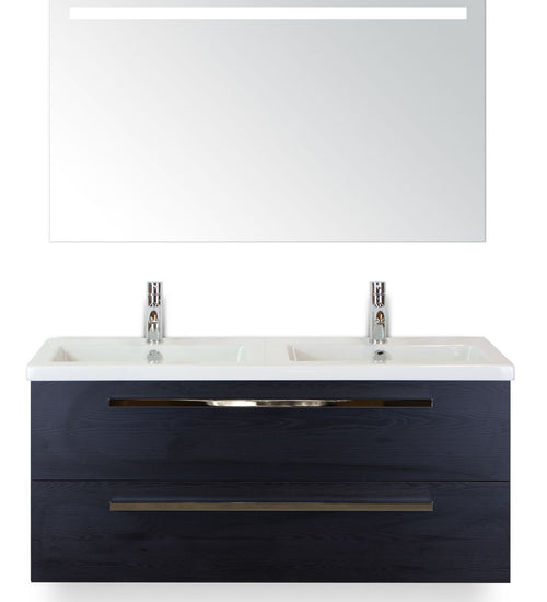 Badmeubelset 120 cm breed - bestaande uit: wastafelkast 2 laden, dubbele keramische wastafel Djazz en spiegel met één horizontale verlichtingsbalk (LED)