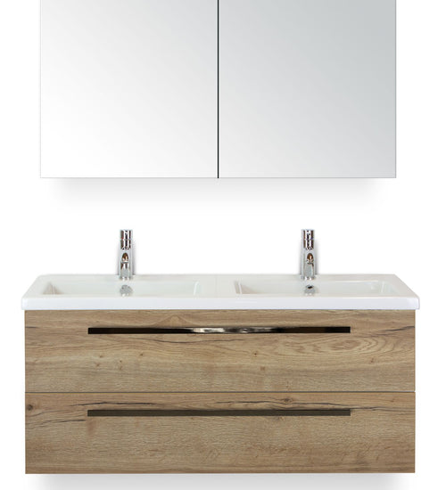 Badmeubelset 120 cm breed - bestaande uit: wastafelkast 2 laden, dubbele keramische wastafel Djazz en spiegelkast