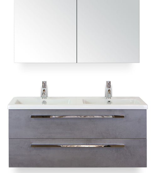 Badmeubelset 120 cm breed - bestaande uit: wastafelkast 2 laden, dubbele keramische wastafel Djazz en spiegelkast