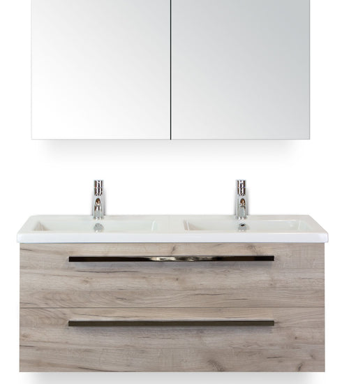 Badmeubelset 120 cm breed - bestaande uit: wastafelkast 2 laden, dubbele keramische wastafel Djazz en spiegelkast
