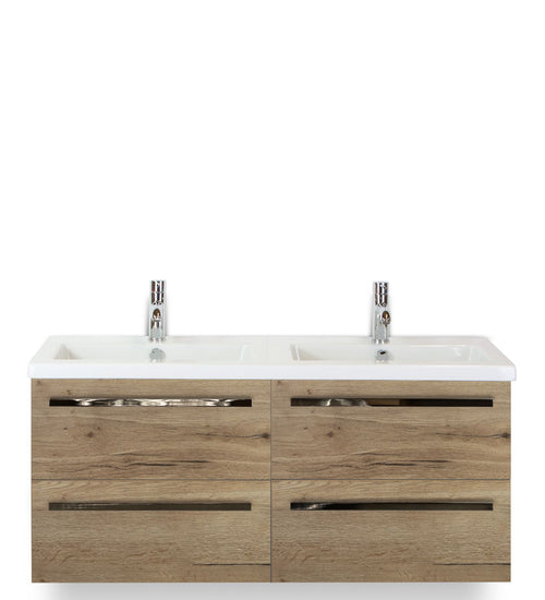 Badmeubelset 120 cm breed - bestaande uit: wastafelkast 4 laden en dubbele keramische wastafel Djazz