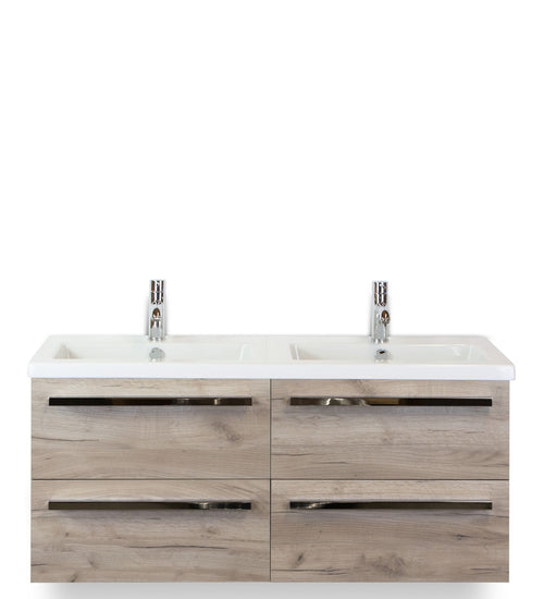 Badmeubelset 120 cm breed - bestaande uit: wastafelkast 4 laden en dubbele keramische wastafel Djazz