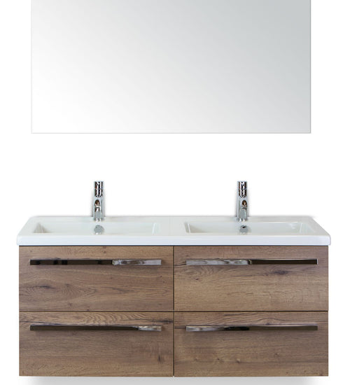Badmeubelset 120 cm breed - bestaande uit: wastafelkast 4 laden, dubbele keramische wastafel Djazz en spiegel