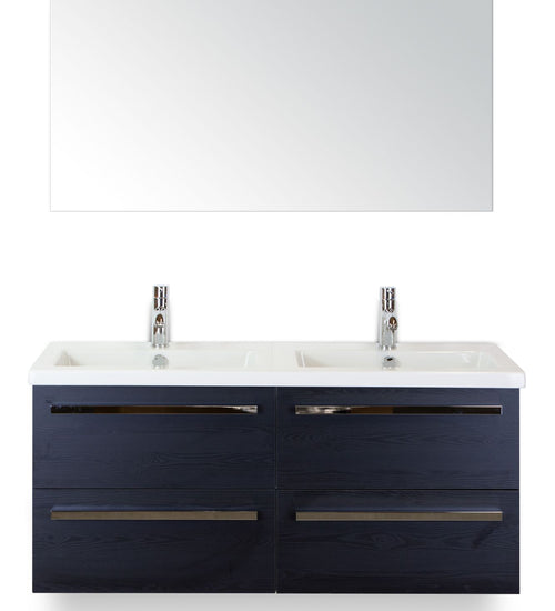 Badmeubelset 120 cm breed - bestaande uit: wastafelkast 4 laden, dubbele keramische wastafel Djazz en spiegel