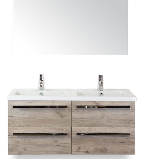 Badmeubelset 120 cm breed - bestaande uit: wastafelkast 4 laden, dubbele keramische wastafel Djazz en spiegel