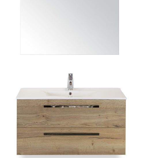 Badmeubelset 100 cm breed - bestaande uit: wastafelkast 2 laden, keramische wastafel Enjoy en spiegel