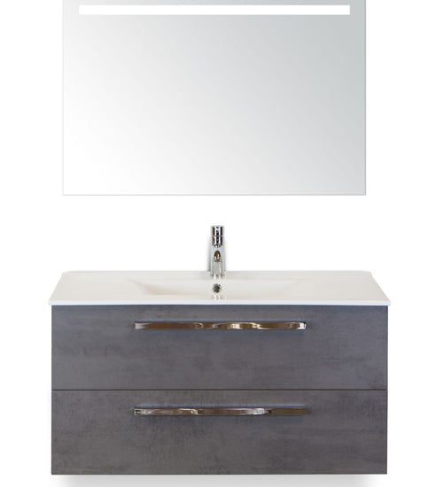 Badmeubelset 100 cm breed - bestaande uit: wastafelkast 2 laden, keramische wastafel Enjoy en spiegel met één horizontale verlichtingsbalk (LED)