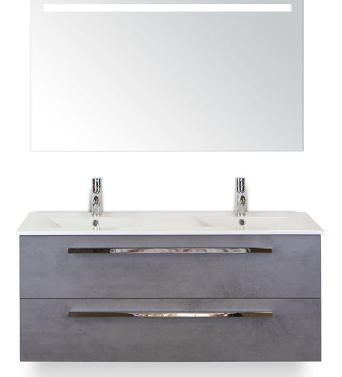 Badmeubelset 120 cm breed - bestaande uit: wastafelkast 2 laden, dubbele keramische wastafel Enjoy en spiegel met één horizontale verlichtingsbalk (LED)