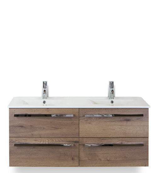 Badmeubelset 120 cm breed - bestaande uit: wastafelkast 4 laden en dubbele keramische wastafel Enjoy