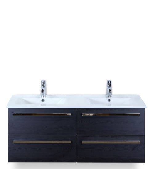 Badmeubelset 120 cm breed - bestaande uit: wastafelkast 4 laden en dubbele keramische wastafel Enjoy