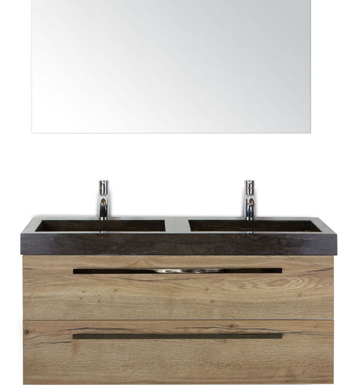 Badmeubelset 120 cm breed - bestaande uit: wastafelkast 2 laden, dubbele hardstenen wastafel en spiegel