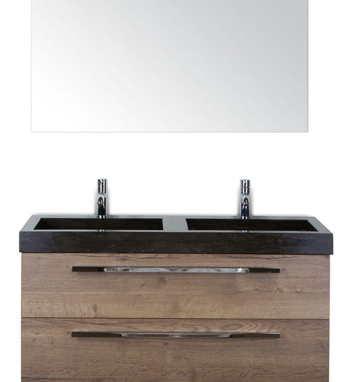 Badmeubelset 120 cm breed - bestaande uit: wastafelkast 2 laden, dubbele hardstenen wastafel en spiegel