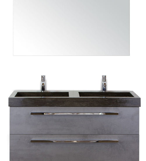 Badmeubelset 120 cm breed - bestaande uit: wastafelkast 2 laden, dubbele hardstenen wastafel en spiegel